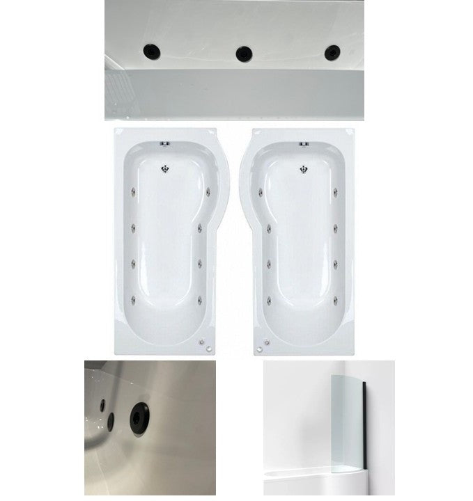 Black Whirlpool 1700mm P Shape Shower Bath 8 Jets, Panel and Screen
