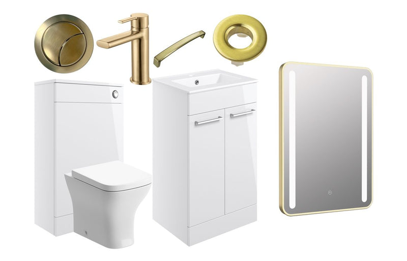 Ideal Furniture Suite 510mm Vanity Unit/WC White Gloss With BTW Toilet, Brushed Brass Round Tap, Brushed Brass handles, Flush Button and LED Mirror