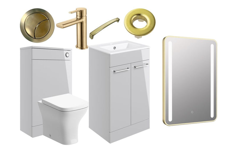 Ideal Furniture Suite 510mm Vanity Unit/WC Grey Gloss With BTW Toilet, Brushed Brass Round Tap, Brushed Brass handles, Flush Button and LED Mirror