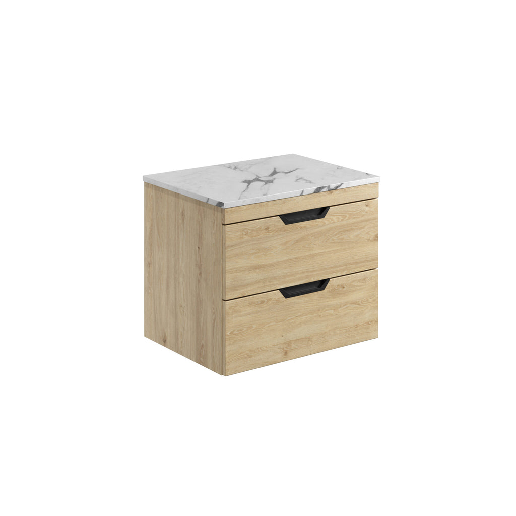 Aubrey 600mm Davos Oak Wall Hung Vanity Unit And Carrara Worktop with Choice of Handles