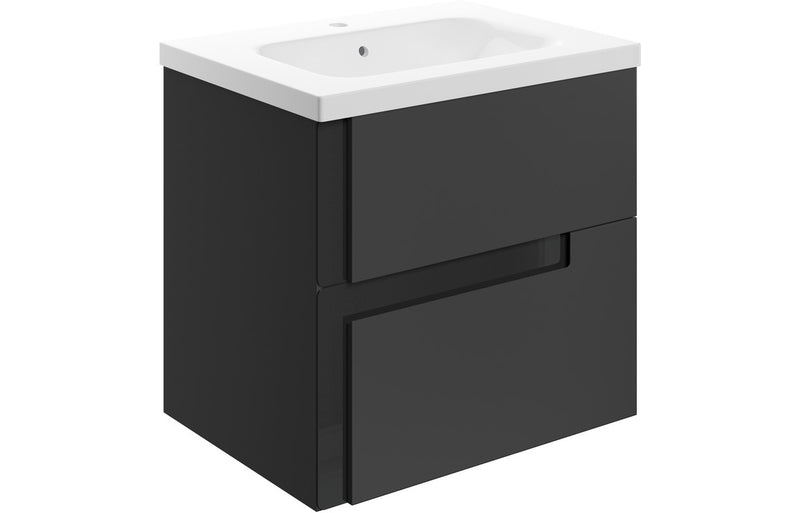 Premier 615mm Wall Hung 2 Drawer Unit Inc White Basin- Matt Black & Glass