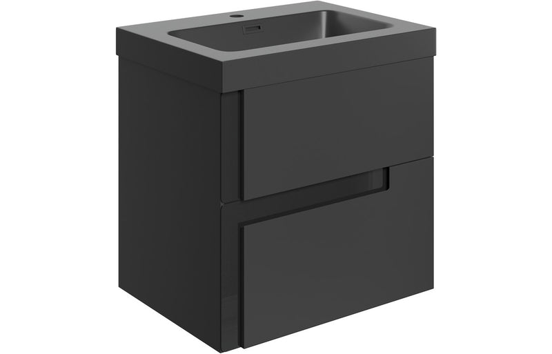 Premier 605mm Wall Hung 2 Drawer Basin Unit & 1TH Co-ordinating Basin - Matt Black & Glass