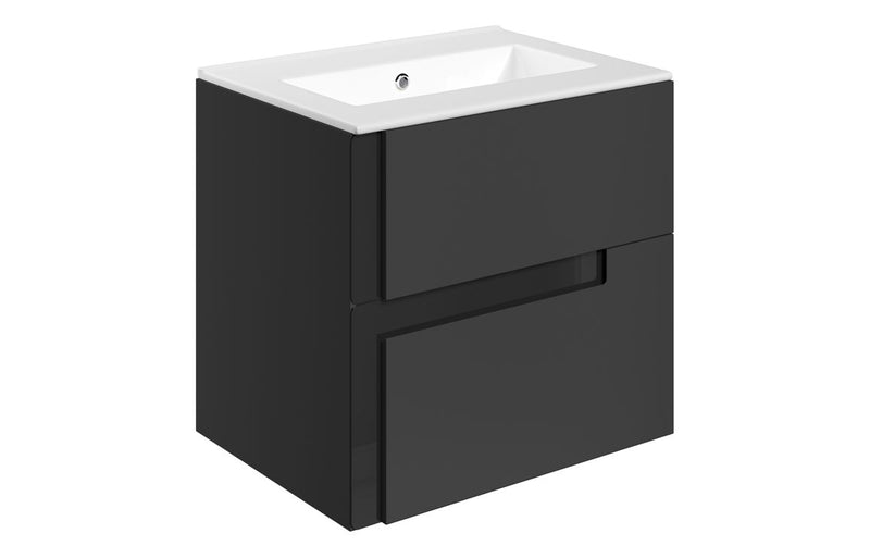 Premier 615mm Wall Hung 2 Drawer Basin Unit & White Thin Edge Basin - Matt Black & Glass