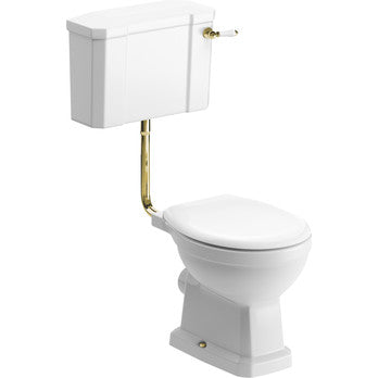 Coxwold Low Level Pan, Cistern & Brushed Brass Fittings & Wood Effect Seat