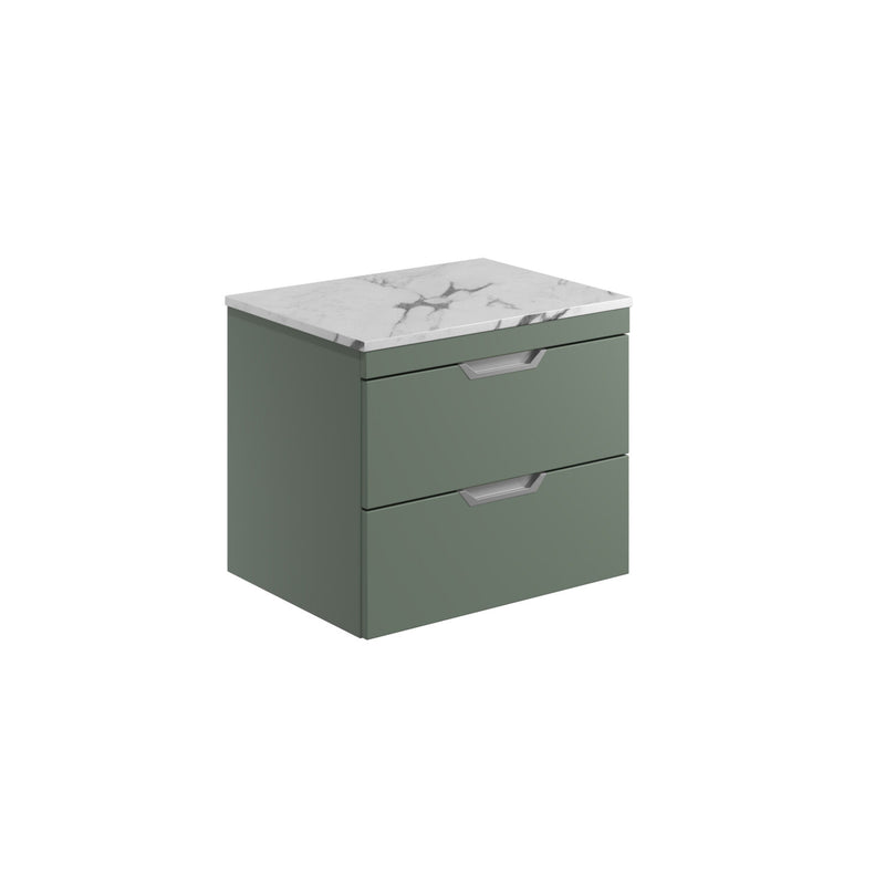 Aubrey 600mm Sage Green Wall Hung Vanity Unit And Carrara Worktop with Choice of Handles