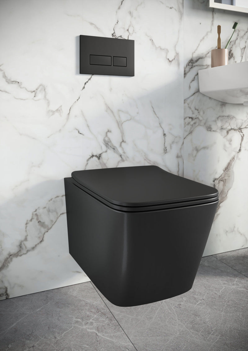 Riviera Square Rimless Wall Hung Pan Matt Black Including Soft Close Seat