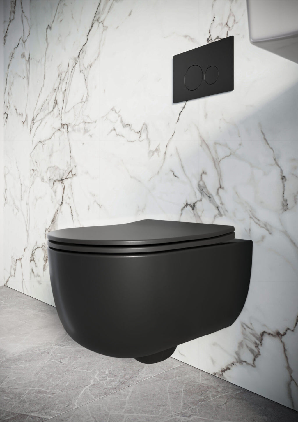Riviera Round Rimless Wall Hung Pan Matt Black Including Soft Close Seat