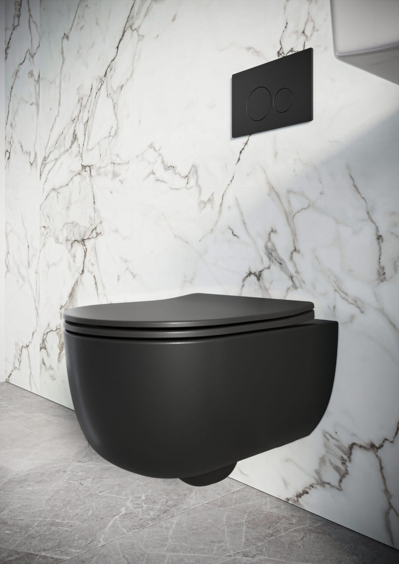 Riviera Round Rimless Wall Hung Pan Matt Black Including Soft Close Seat