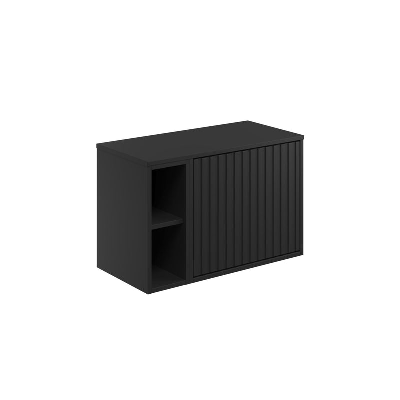 Alfie Matte Black 800mm Wall Hung Vanity Unit With Open Storage and Fluted Drawer