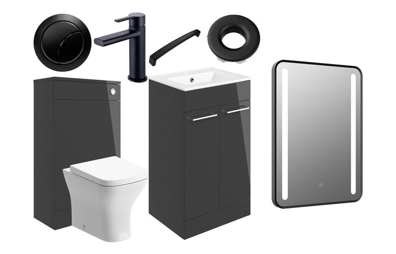 Ideal Furniture Suite 510mm Vanity Unit/WC Anthracite Gloss With BTW Toilet, Black Round Tap, Black Handles, Flush Button and LED Mirror