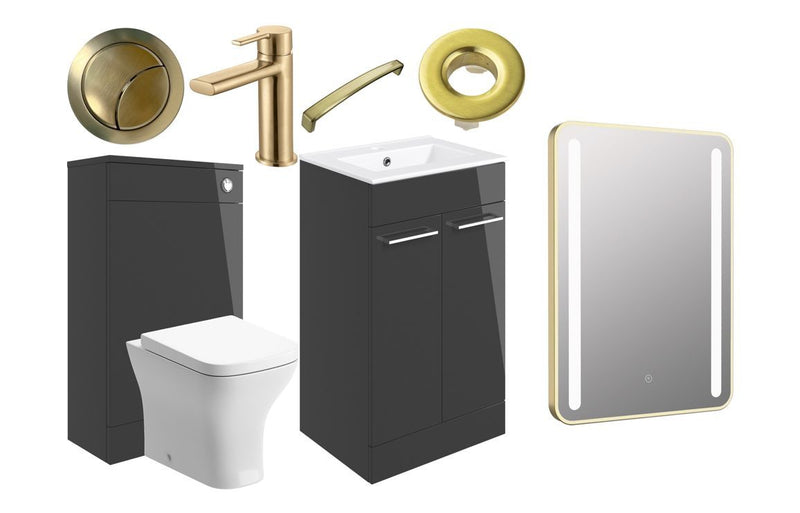 Ideal Furniture Suite 510mm Vanity Unit/WC Anthracite With BTW Toilet, Brushed Brass Round Tap, Brushed Brass handles, Flush Button and LED Mirror