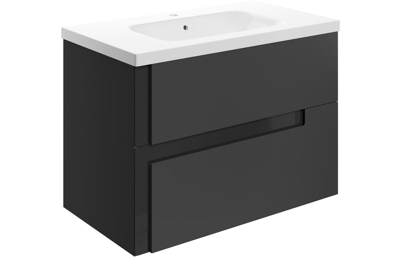 Premier 815mm Wall Hung 2 Drawer Unit Inc White Basin- Matt Black & Glass
