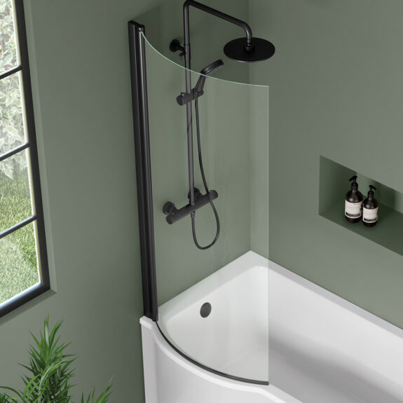 P SHAPE SHOWER BATH, PANEL AND BLACK SCREEN 1700 X 700/800MM