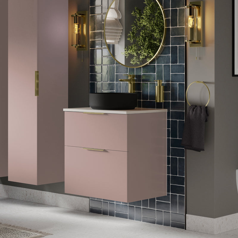 Darcy Antique Rose Pink 600mm Wall Hung Vanity Unit with Countertop, choice of handles