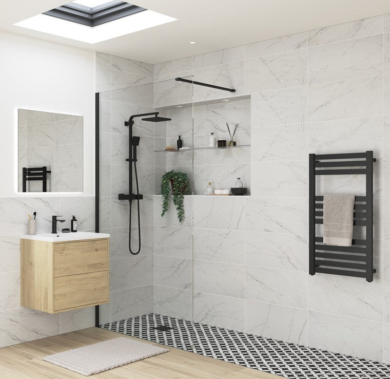 Luxe Matt Black Walk In Wetroom Panels 2000mm High in 8mm Easy Clean Glass