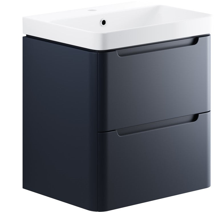 Curve 600mm Wall Hung Vanity And Ceramic Basin Matt Indigo Blue
