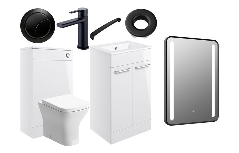 Ideal Furniture Suite 510mm Vanity Unit/WC White Gloss With BTW Toilet, Black Round Tap, Black Handles, Flush Button and LED Mirror