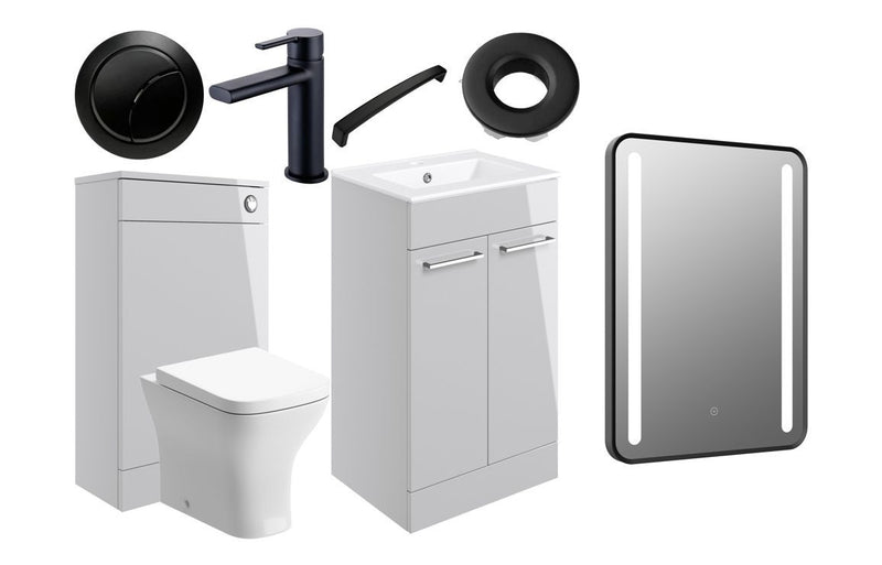 Ideal Furniture Suite 510mm Vanity Unit/WC Grey Gloss With BTW Toilet, Black Round Tap, Black Handles, Flush Button and LED Mirror