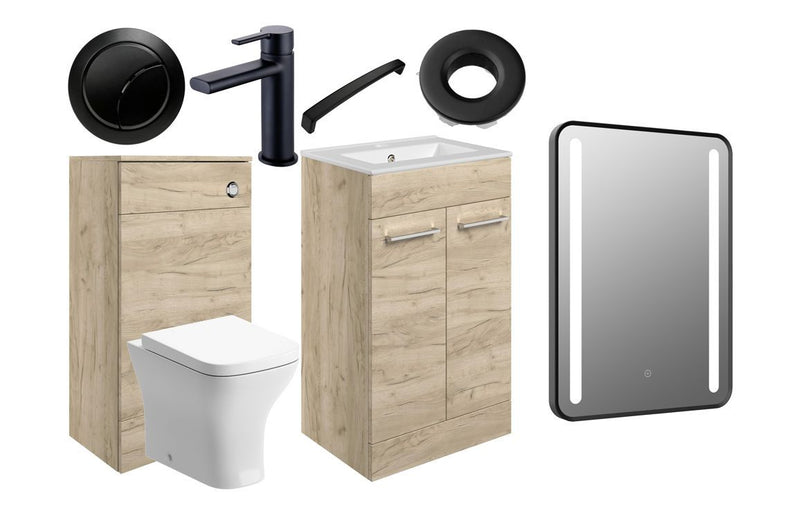 Ideal Furniture Suite 510mm Vanity Unit/WC Oak With BTW Toilet, Black Round Tap, Black Handles, Flush Button and LED Mirror