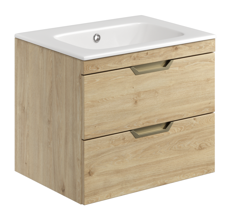 Aubrey 600mm Davos Oak Wall Hung Vanity Unit And Basin with Choice of Handles