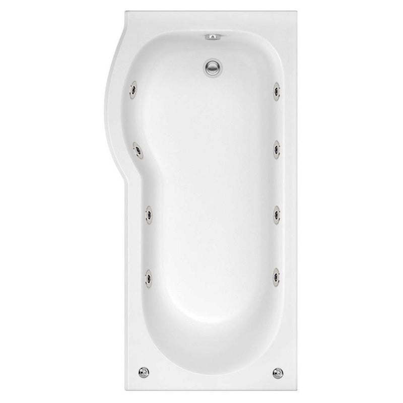 Whirlpool 1700mm P Shape Shower Bath 8 Jets, Panel and Screen