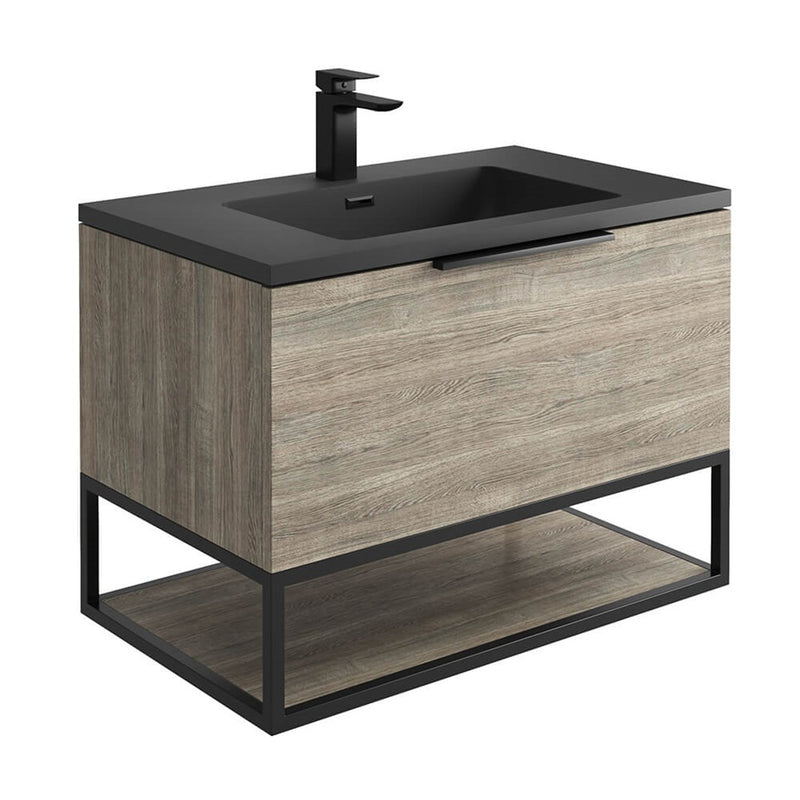 Ambience 800mm Wall Hung LED Vanity Unit And Basin Grey Oak, Grey or White Basin and Optional Frame
