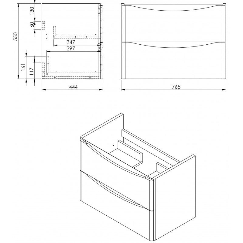 Kartell Cayo 800mm Wall Mounted 2 Drawer Unit Technical Drawing