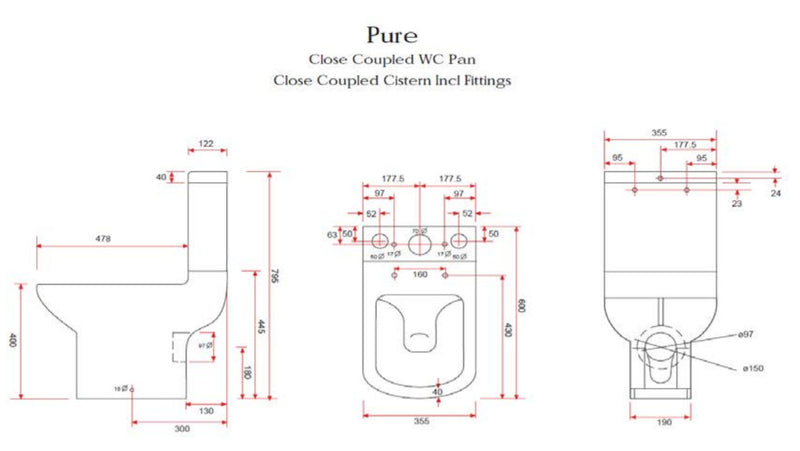 Kartell Pure Close Coupled Toilet with Soft Close Seat technical drawing