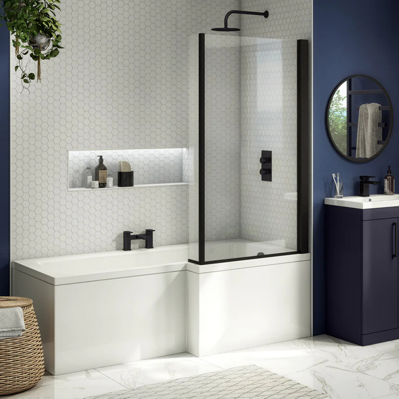 1800MM L SHAPE SHOWER BATH, PANEL AND MATT BLACK SCREEN