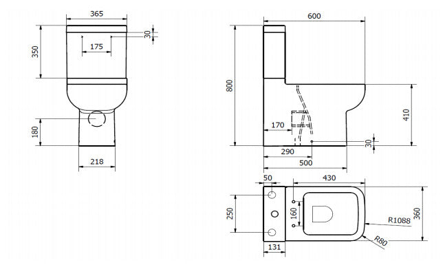 Options 600 Close to Wall Close Coupled Toilet with Soft Close Seat Technical Drawing