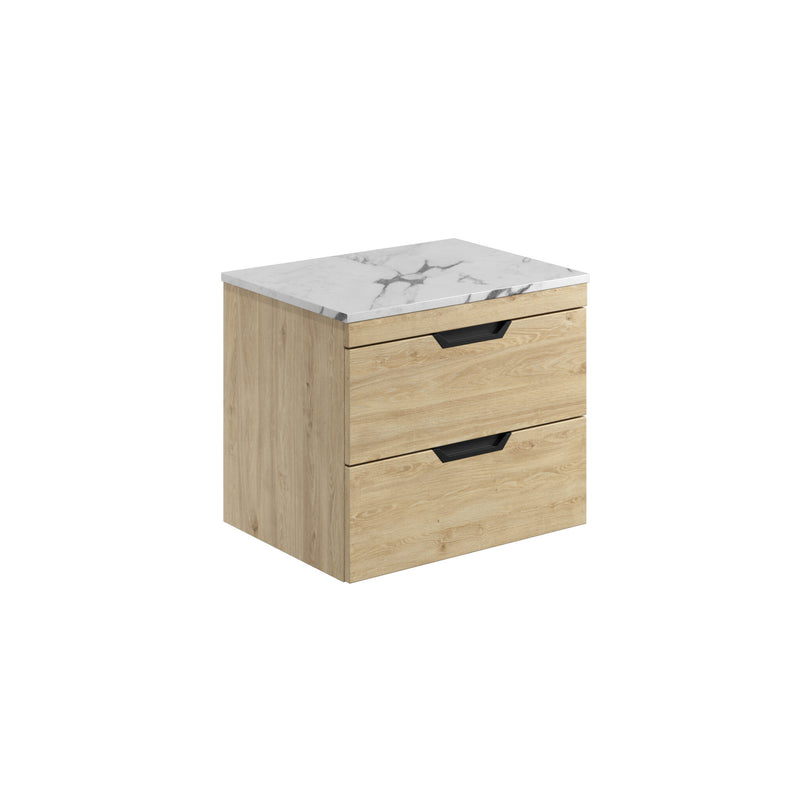 Aubrey 600mm Davos Oak Wall Hung Vanity Unit And Carrara Worktop with Choice of Handles