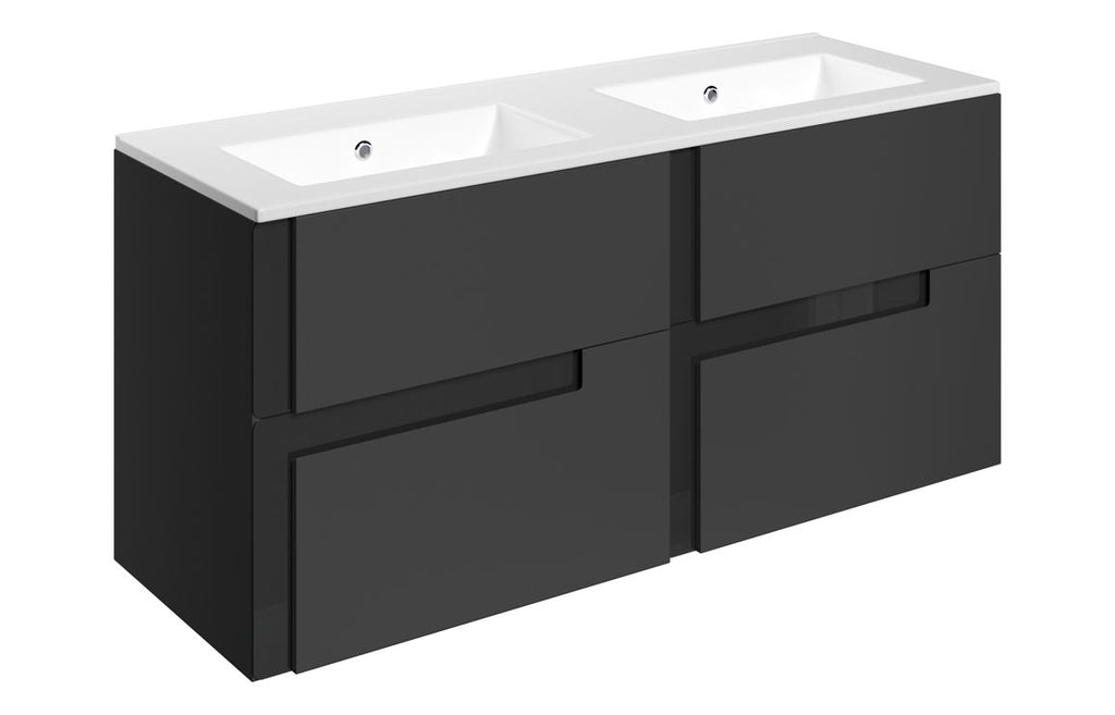 Premier Wall Hung 4 Drawer Basin Unit & White Thin Edge Double Basin 2th - Matt Black & Glass