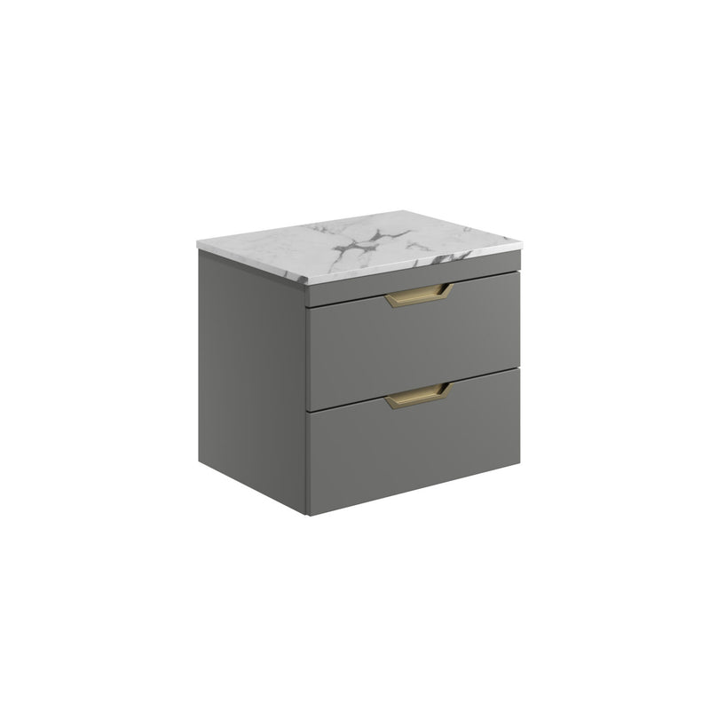 Aubrey 600mm Davos Oak Wall Hung Vanity Unit And Carrara Worktop with Choice of Handles