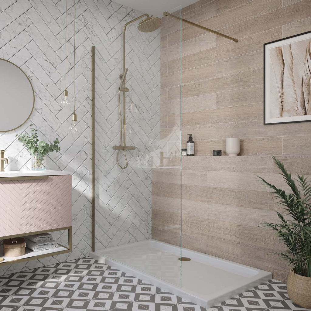 Brushed Brass Frame Walk In Wetroom Panels 2000mm High in 8mm Easy Clean Glass