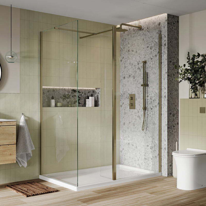 Brushed Brass Frame Walk In Wetroom Panels 2000mm High in 8mm Easy Clean Glass