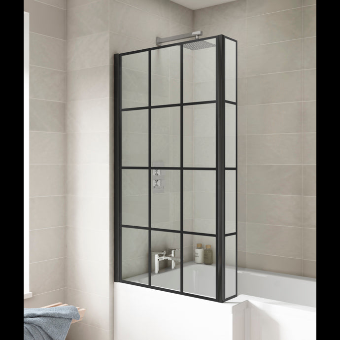 1700MM L SHAPE SHOWER BATH, PANEL AND MATT BLACK GRID SCREEN