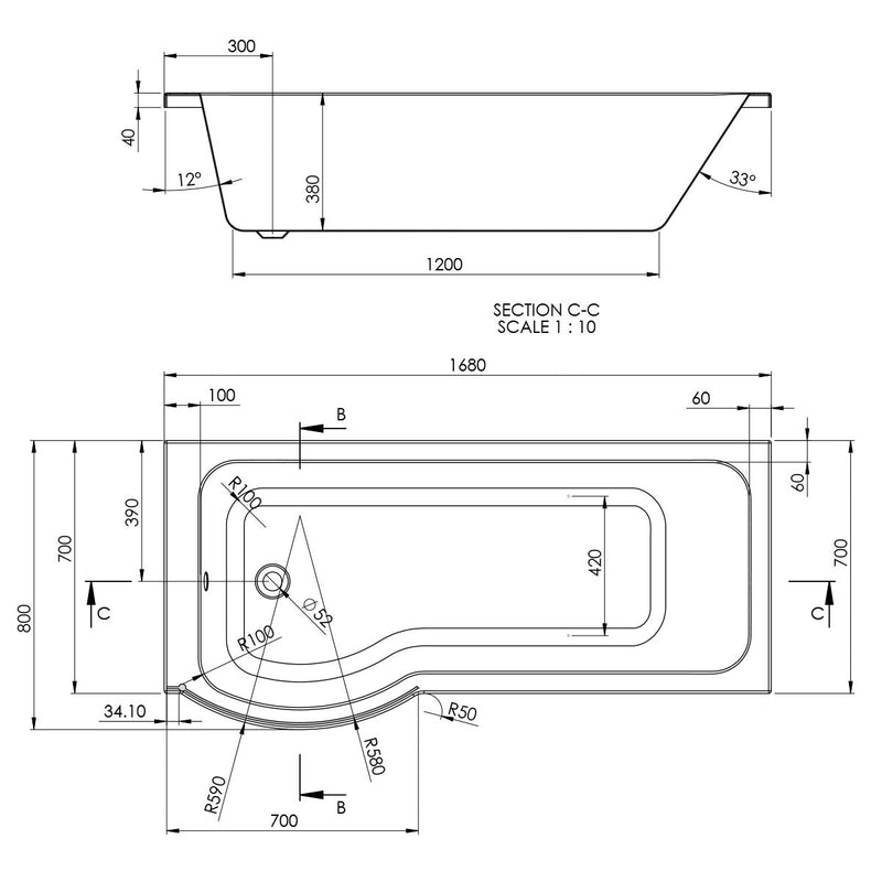 Whirlpool 1700mm P Shape Shower Bath 8 Jets, Panel and Screen