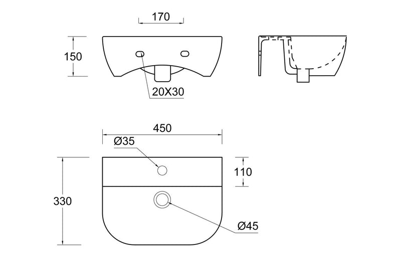 Askham 450mm Cloakroom Basin and Matt Black Bottle Trap