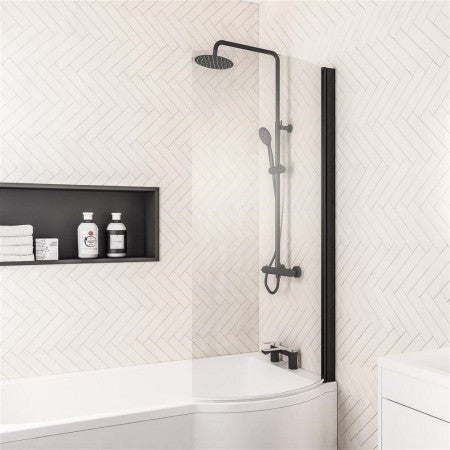 Black Whirlpool 1700mm P Shape Shower Bath 8 Jets, Panel and Screen