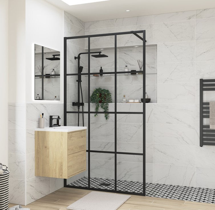 Luxe Matt Black Grid Walk In Wetroom Panels 2000mm High in 8mm Easy Clean Glass
