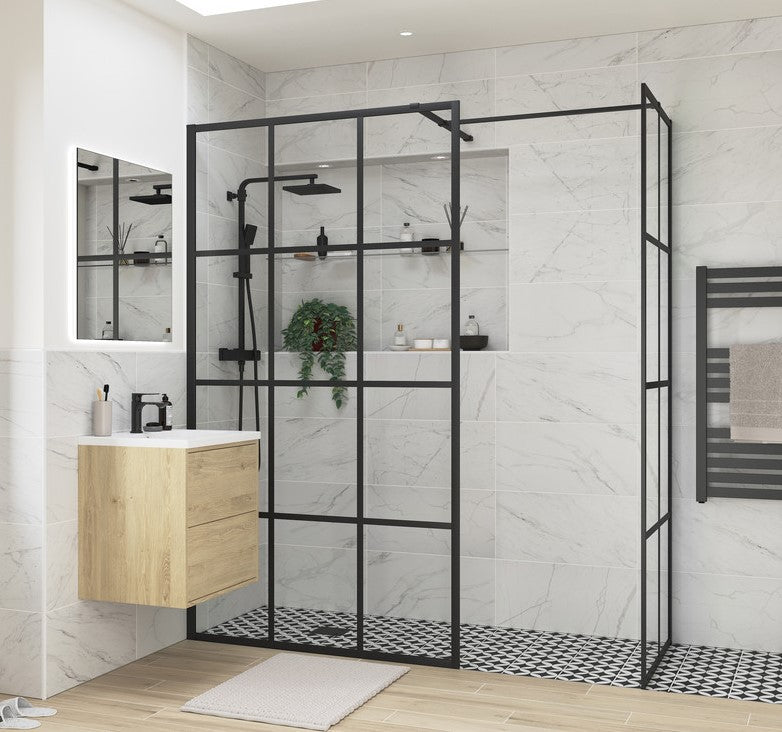 Luxe Matt Black Grid Walk In Wetroom Panels 2000mm High in 8mm Easy Clean Glass