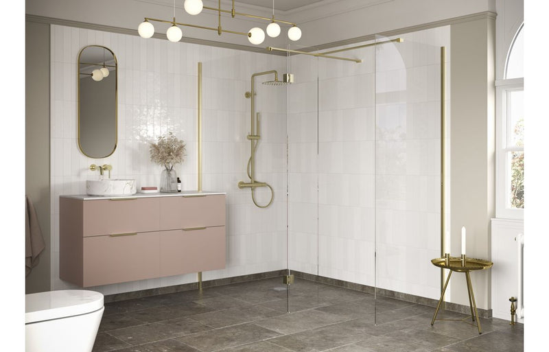 Luxe Brushed Brass Walk In Wetroom Panels 1950mm High in 8mm Easy Clean Glass