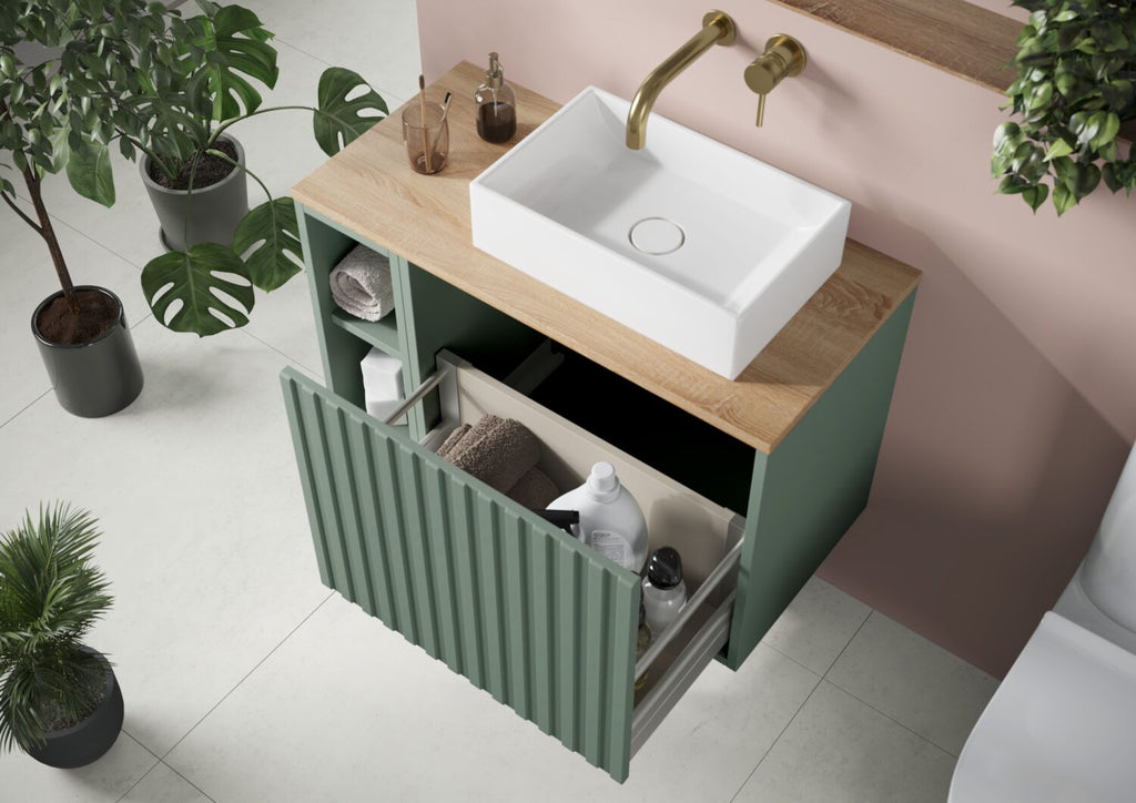 Alfie Reed Green And Sonoma Oak 800mm Wall Hung Vanity Unit With Open Storage and Fluted Drawer