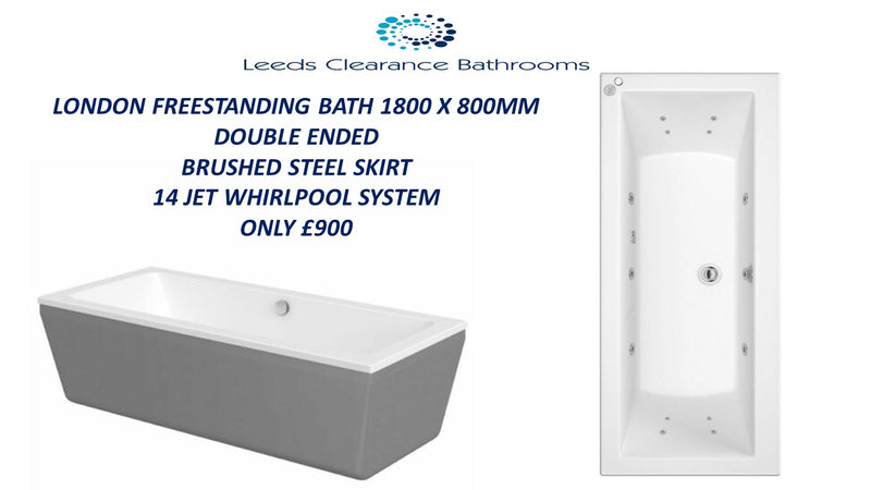 London Freestanding 1800 x 800 Double End Bath Brushed Steel Skirt & 14 Jet Whirlpool