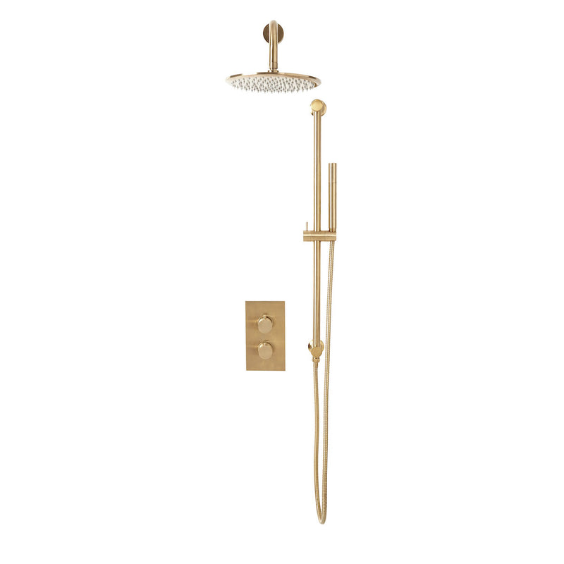 Core Brushed Brass Concealed Twin Valve with Divertor, Wall Arm, Head and Handset Riser Kit