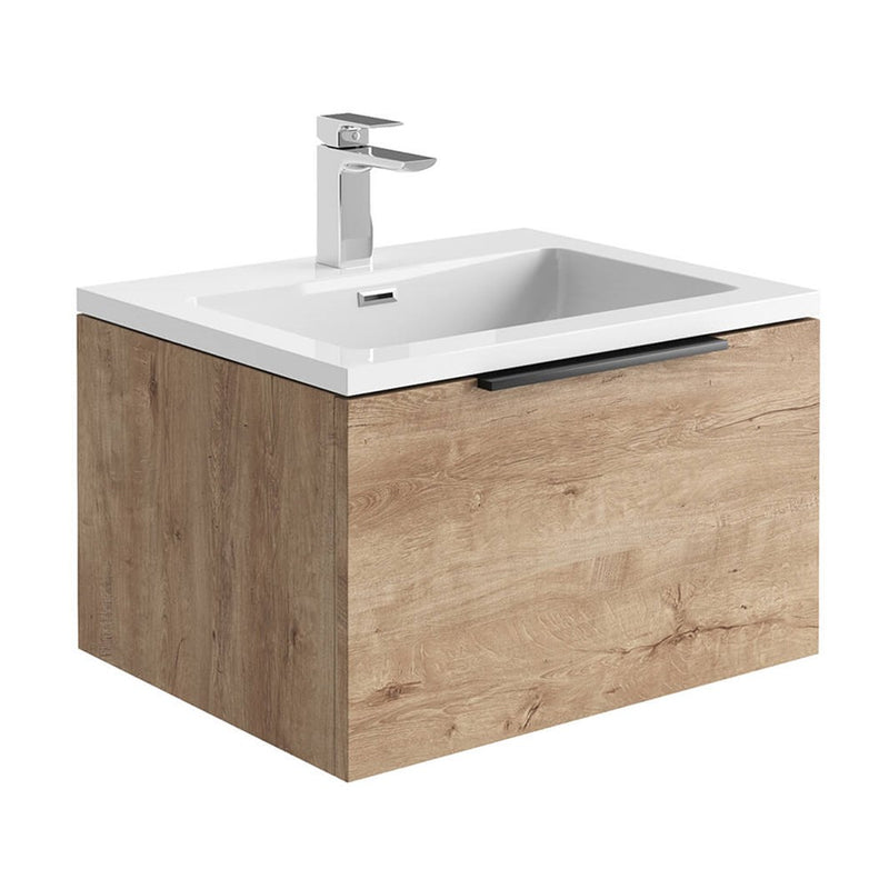 Ambience 600mm Wall Hung LED Vanity Unit And Basin Rustic Oak, Grey or White Basin and Optional Frame