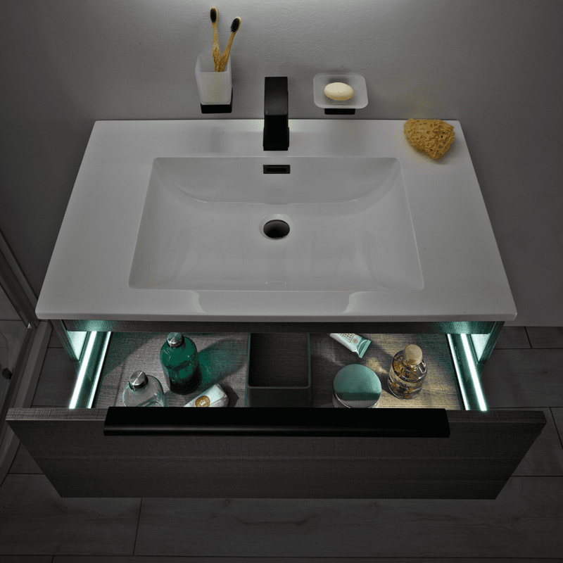 Ambience 600mm Wall Hung LED Vanity Unit And Basin Rustic Oak, Grey or White Basin and Optional Frame