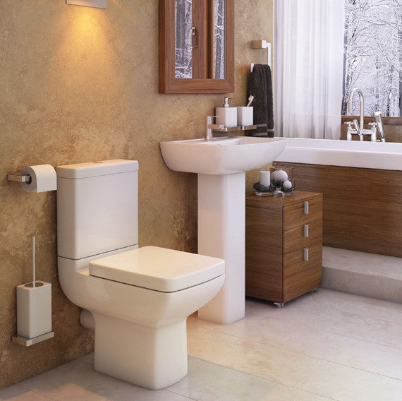 Kartell Pure Close Coupled Toilet with Soft Close Seat Shown with Basin
