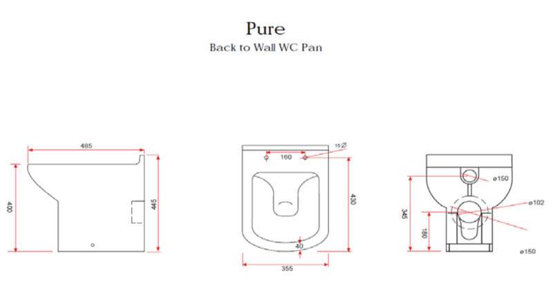 Kartell Pure Back To Wall Toilet with Soft Close Seat technical drawing
