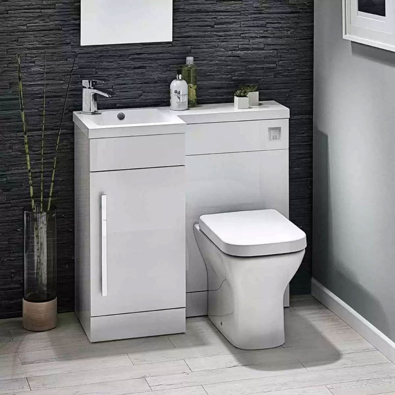 Lili 900mm L Shaped Furniture Pack Vanity & WC Unit Combined with 1 Piece Top White Gloss Left Hand
